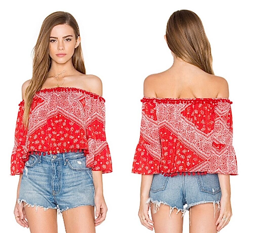 Tularosa Alexa Red Bandana On Off Shoulder Blouse Top Pom Poms Cropped Medium